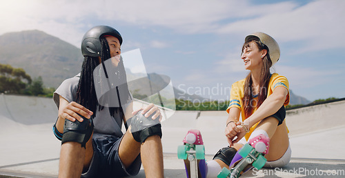 Image of Roller skate, fitness and fun with friends at a skatepark, outdoor during summer for recreation together. Training, exercise or relax with a man and woman skater chilling while bonding outside