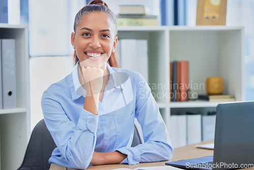 Image of Office portrait, business administration or happy woman or finance accountant with smile for financial accounting. Corporate bookkeeping, company employee or African bank consultant working on laptop