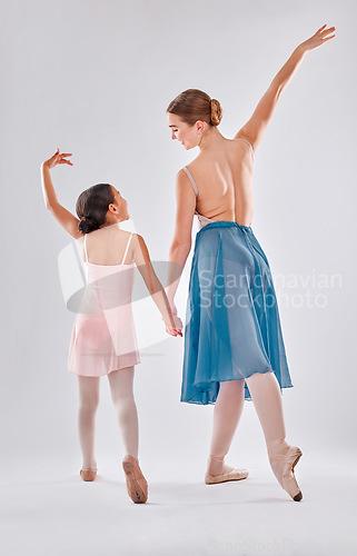 Image of Ballet, back and mentor with girl, training and performance with fitness, balance and grey studio background. Female dancer, ballerina and coach dancing for show, practice and wellness with support