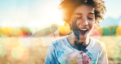 Image of Paint, farm and mockup with an excited black boy outdoor on a blurred background of lens flare. Kids, fun and mock up with a messy male child outside for painting, agriculture or sustainability