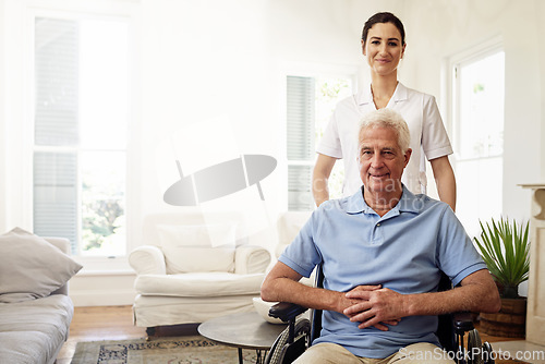 Image of Nursing, portrait and disabled man in wheelchair, medical wellness or homecare support on mockup. Nurse help disability patient, senior healthcare and trust empathy service for elderly rehabilitation