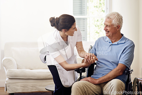 Image of Nurse helping disabled man in wheelchair for medical trust, wellness and support in nursing home. Happy caregiver, senior patient and disability service for healthcare, rehabilitation and mockup aid