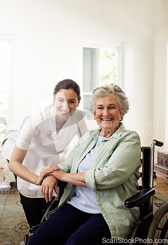 Image of Nurse, portrait and helping disabled woman in wheelchair for medical trust, wellness and support in nursing home. Happy senior patient and disability service for rehabilitation healthcare with mockup