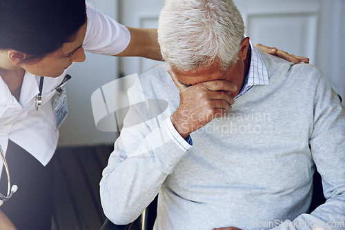 Image of Nurse help depressed senior man for support, healthcare and counselling in retirement home. Sad, old and elderly patient with caregiver, crying and empathy for depression, lonely problem and sickness