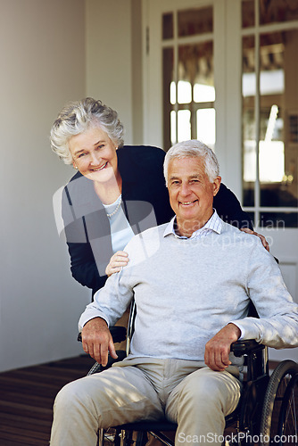 Image of Wheelchair, happy and portrait of senior couple enjoy weekend, quality time and bonding on patio. Retirement home, disability and elderly man and woman smile for relaxing, marriage trust and love