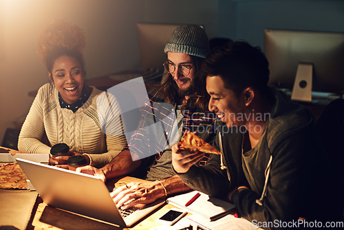 Image of Laptop, happy collaboration and night team programming ERP software, cyber security system or html code. Eating pizza fast food, ai developer or programmer teamwork on coding cloud computing database