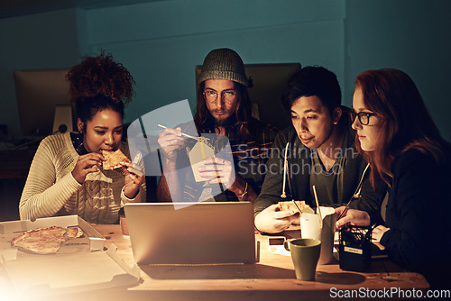 Image of Office fast food, laptop or people teamwork on web search for college research, learning digital database or project. Pizza night, school education study or students data analysis of online analytics