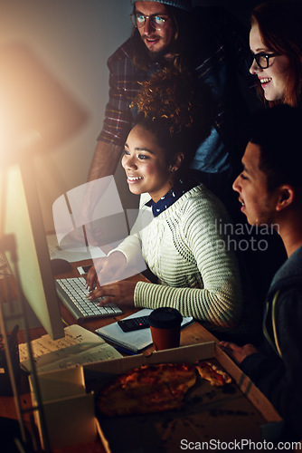 Image of Startup business, computer and team reading web design code, cloud computing software or app UI system on dark night. Website SEO, social media content review or happy people teamwork on UX interface