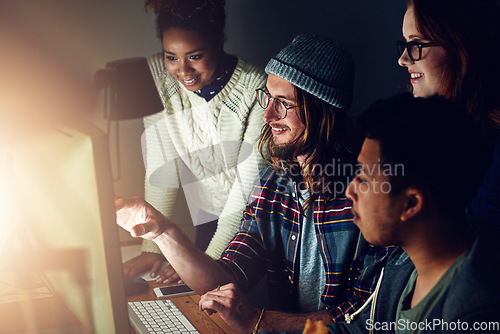 Image of Computer, diversity teamwork or night team programming ERP software, cybersecurity system or code. Information technology, ai developer and programmer collaboration on coding cloud computing database