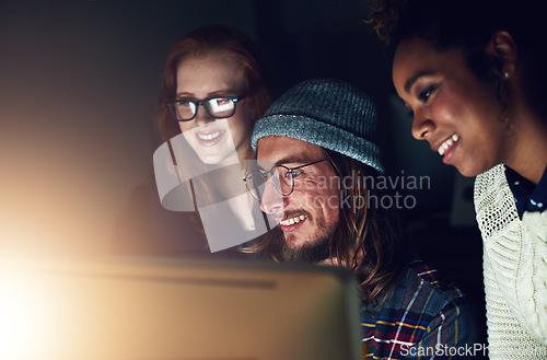 Image of Startup, office computer and happy people reading web design code, cloud computing software or app UI system. Website SEO, social media data review or face of night team collaboration on UX interface