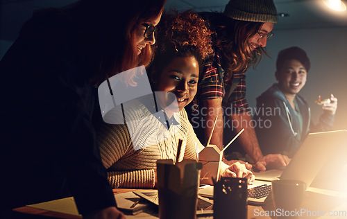 Image of College collaboration portrait, laptop and team reading web search for IT research, campus database or university project. Education learning, night school study or African student teamwork on report