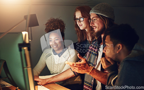 Image of Computer, office collaboration or night team programming ERP software, cybersecurity system or programmer code. App data science, ai developer or diversity teamwork on coding cloud computing database