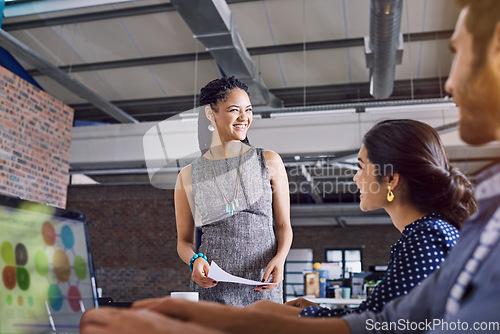 Image of Speaker, happy and smile with black woman and presentation for planning, strategy and creative. Project management, teamwork and question with business people for learning, meeting and training