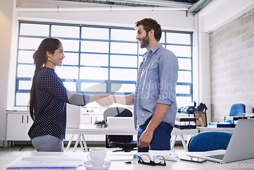 Image of Shaking hands, business partnership or people smile for investment deal, b2b contract negotiation or acquisition agreement. Human resources, hiring welcome or onboarding job interview with HR manager