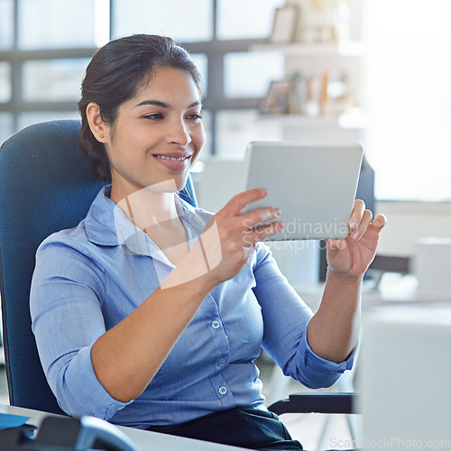 Image of Business. office, tablet and happy woman reading financial savings report, finance budget or accounting review. Web database, feedback statistics or administration accountant working on data analysis