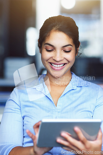 Image of Administration office, tablet and happy woman typing financial savings report, finance budget or accounting review. Web database, feedback statistics and business accountant working on data analysis