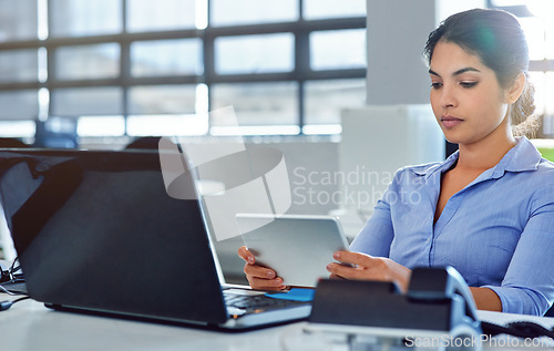 Image of Administration office, tablet and woman focus on reading financial savings, digital finance budget or accounting review. Company database, data analysis and business accountant working on statistics