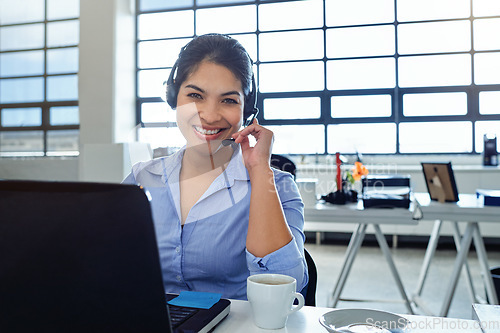 Image of Call center, woman and portrait for customer service, laptop help desk and sales receptionist. Happy telemarketing agent smile for communication, business consulting and expert telecom administration