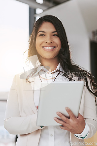 Image of Business woman, tablet and happy in portrait at office for web design, seo and app for planning. Digital entrepreneur, mobile touchscreen ui and smile in workplace for goals, motivation and success