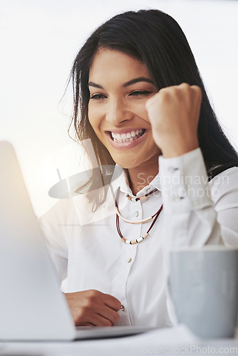 Image of Winning, laptop and business woman with fist pump for online success, stock market trading and target celebration. Winner, yes and excited professional person on email promotion, lottery or good news