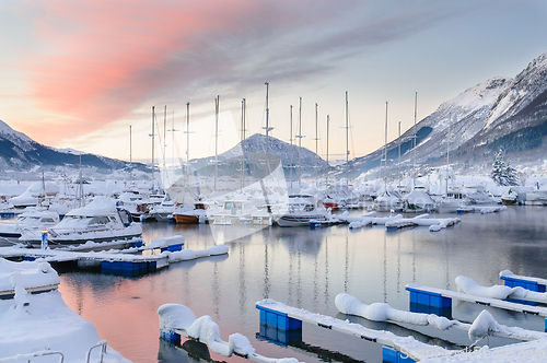 Image of snow-covered boats in marina