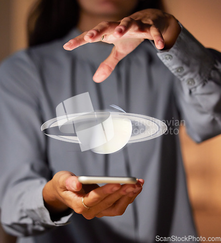 Image of Saturn graphic, galaxy vr and futuristic planet hologram with a business woman and phone. Digital, globe 3d illustration and virtual holographic image of a employee holding a mobile showing universe