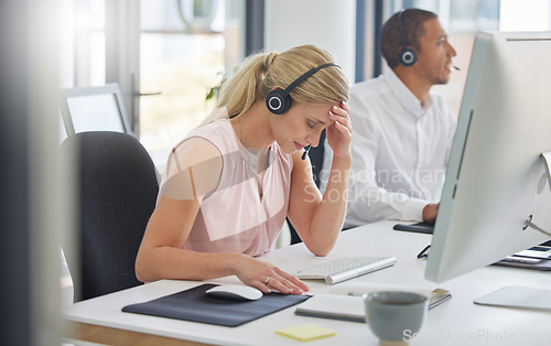 Image of Headache, tired call center woman in stress, fatigue or depression problem at telemarketing sales career. Mental health risk, sad or depressed consultant, professional advisor or telecom agent person