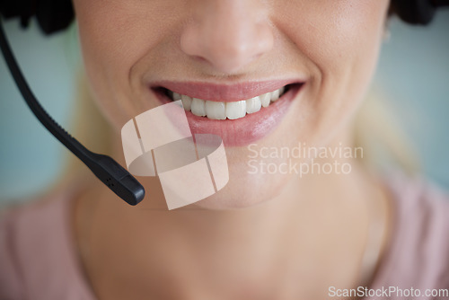 Image of Closeup, mouth and woman with headset, call center and telemarketing for customer service, conversation and advice. Zoom, female agent and happy consultant with headphones, tech support and help desk