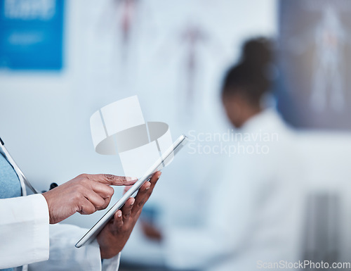 Image of Closeup, hands and doctor with a digital tablet for planning, internet and surgery schedule in a hospital. Hand, online and search by healthcare worker checking agenda, calendar and management app