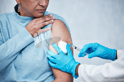 Image of Covid, vaccine and medical with arm of woman for virus, prevention and treatment. Consulting, healthcare and medicine with doctor and patient for injection, immunization and protection in pandemic