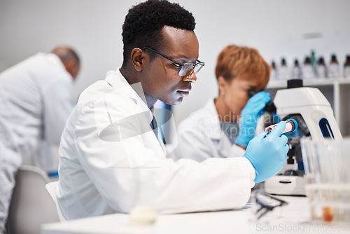 Image of Science, vial and black man with focus, laboratory and innovation for healthcare, wellness and vaccine. Research, Nigerian male employee and researcher with test tube, experiment or medicine for cure