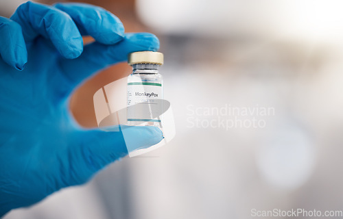 Image of Monkeypox, healthcare and hand of doctor with vaccine development for virus, infection and medicine. Science, pharmaceutical wellness and health worker with vial, bottle and medical care for disease