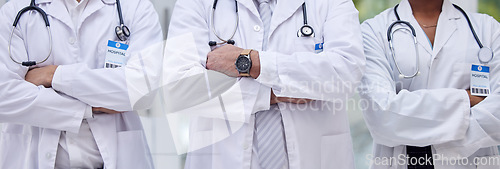 Image of Doctors, arms crossed or diversity group in hospital for trust, healthcare wellness or life insurance support. Men, black woman or confident medical workers in community leadership of global clinic