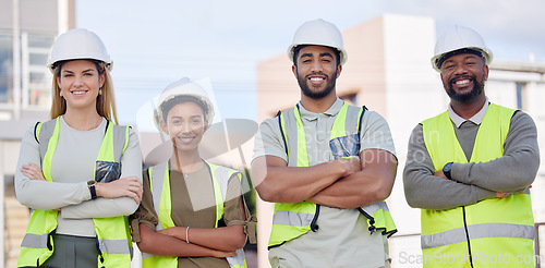 Image of Architecture, construction team and diversity in portrait, contractor group smile with work at building site. Architect, engineer and people with arms crossed, solidarity and trust in collaboration