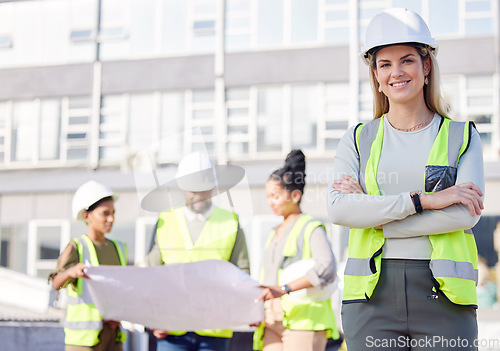 Image of Architect, leader and woman construction worker, smile in portrait with blueprint and collaboration. Architecture, contractor and happy female engineer, building industry and team with floor plan