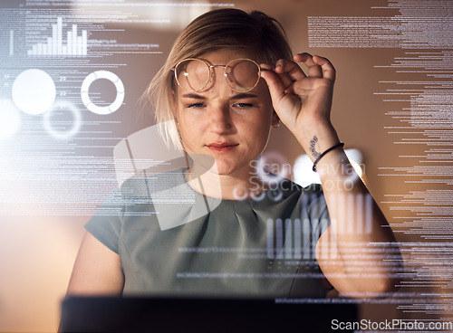 Image of Laptop, coding or abstract for business woman, confused worker or curious web designer in night office. Programmer, technology or 3d code in dark company for cybersecurity, software or data analytics