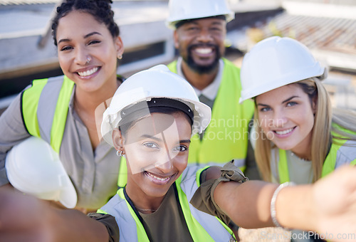 Image of Selfie, engineer and staff outdoor, smile and construction site for real estate, new project and industrial. Portrait, coworkers and happy employees with success, hard hat for safety and management