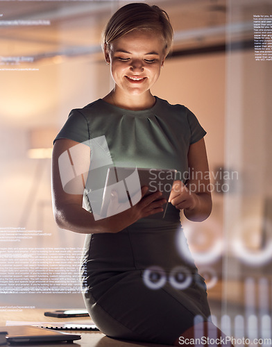 Image of Tablet, coding or abstract for business woman in night office for data analytics, chart reading or progress management. Corporate, technology or 3d infographic information for company growth strategy