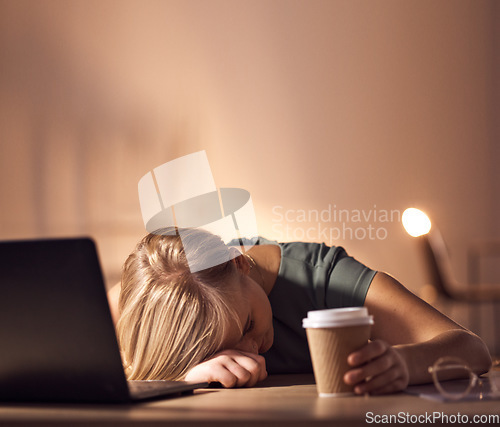 Image of Sleeping, tired and burnout by business woman working at night in office on laptop for deadline, email or proposal. Sleep, exhausted and corporate employee suffering fatigue, workload and pressure