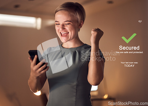 Image of Phone, cybersecurity or success business woman in night office with data protection plan, virus free or safety software app. Smile, happy or cheering fist for programmer on future technology abstract