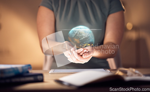 Image of Globe hologram, international data and tablet with woman holding a digital earth illustration. Night, hands and website software of a corporate stock market employee with fintech network and web map