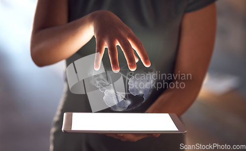 Image of Globe abstract, hands or tablet screen for woman with global networking mockup, digital transformation app or cyber software. Zoom, futuristic or 3d world on technology for worldwide night business