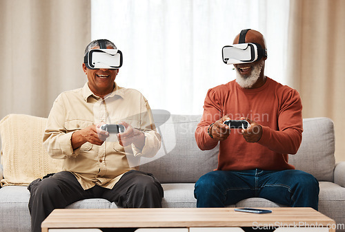 Image of Friends, vr and senior men gaming in home on sofa in living room while laughing. 3d virtual reality, metaverse gamer and smile of happy retired people playing fun futuristic games with controller.