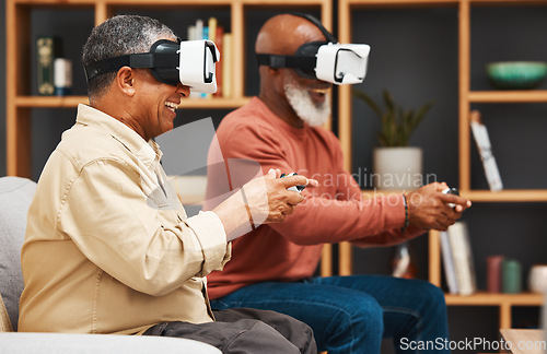 Image of Gaming, metaverse and senior black man friends playing a video game together in the living room of a home. Sofa, virtual reality or retirement with a mature gamer and friend enjoying an online game