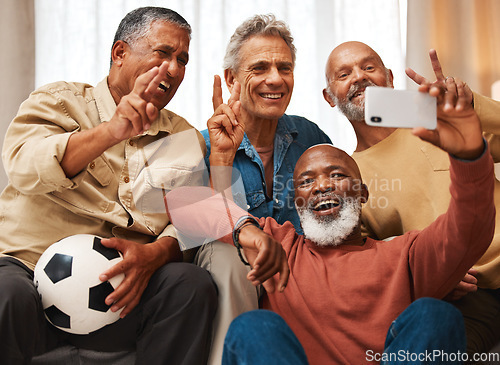 Image of Selfie, men and senior friends with peace sign in house, having fun and bonding together. V emoji, retirement and happy elderly group of people laughing and taking pictures or photo for social media.