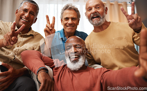 Image of Portrait, selfie and senior friends with peace sign in house, having fun or bonding together. V emoji, retirement and happy elderly group of men laughing and taking pictures or photo for social media