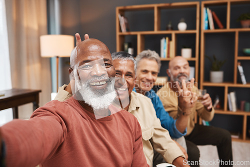 Image of Portrait selfie, peace sign and black man with friends in house, having fun and bonding together. V emoji, retirement face and happy elderly group of men laughing and taking pictures for social media