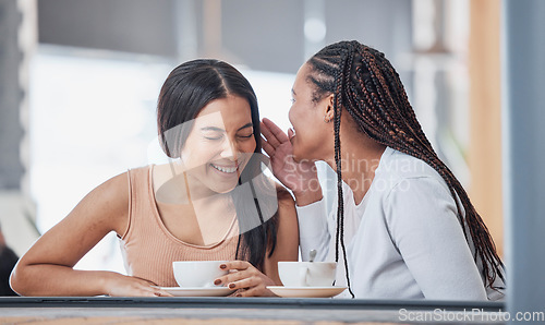 Image of Talking, laughing and friends at a cafe for coffee, gossip and sharing secrets. Smile, conversation and women speaking, chatting and relaxing with tea, funny jokes and friendship in a restaurant