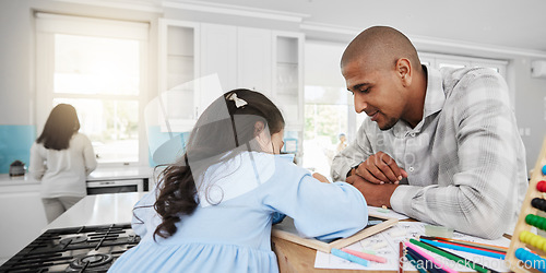 Image of Education, homeschool and man with child drawing in kitchen, teaching and learning maths and help with homework. Home school, dad and kindergarten girl coloring and writing in notebook on counter.