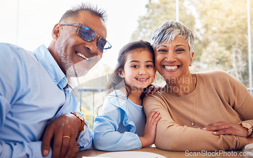 Image of Family, portrait of grandparents and child in cafe on summer holiday together with smile and happiness. Mature man, woman and little girl at table in restaurant for lunch while on vacation with love.